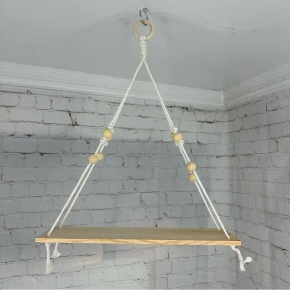 Lot of 2 Macrame Hanging Shelves Natural Wood Boho Floating Wall Decor‎